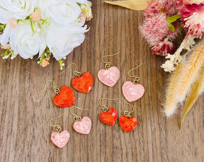 Glitter Heart Earrings | Red & Pink Resin Dangle Jewelry | Cute Statement Gift for Her | Valentine’s or Everyday Accessory