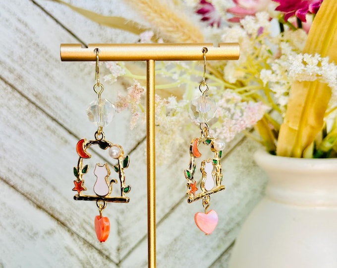 White Cat Dangle Earrings | Moon, Heart Charm, Whimsical Jewelry