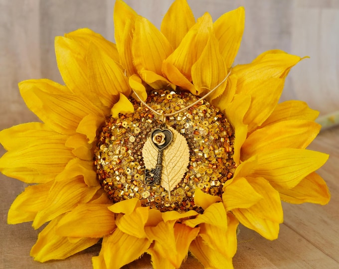 Key to My Heart Necklace | Gold Leaf Pendant Necklace | Romantic Gold Jewelry | 18 Inch Gold Plated Chain | Gift for Her