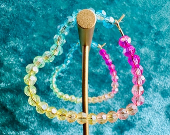 Ombre Rainbow Heart Hoop Earrings | Colorful Beaded Dangle Jewelry | Fun Statement Gift for Her | Summer & Festival Accessory