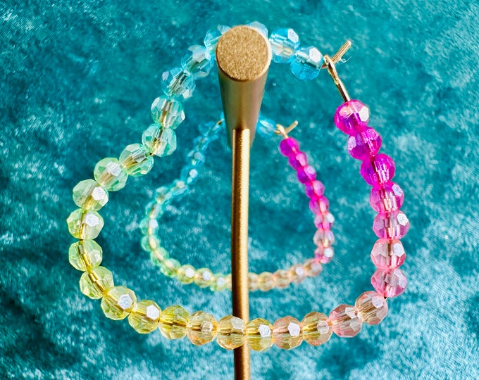 Ombre Rainbow Heart Hoop Earrings | Colorful Beaded Dangle Jewelry | Fun Statement Gift for Her | Summer & Festival Accessory