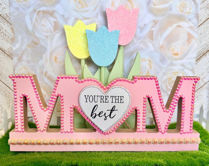 Hand-Decorated Mom Sign, Rhinestone Floral Accent, Mother's Day Home Display