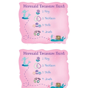 May include: A pink and blue mermaid treasure hunt game board with a mermaid, a treasure chest, and a list of items to find: 1 ring, 2 necklaces, 3 shells, and 4 jewels.
