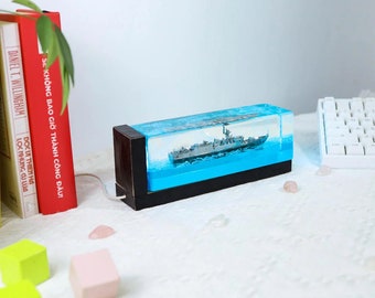 World of Warships Epoxy Resin Wood Lamp Night Light Unique Her Him Mom Dad Kid Lover Fans Christmas Art Handmade, gifts