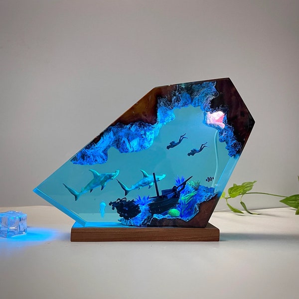 Hammerhead shark and diver resin wood lamp, Epoxy Resin Wood Rustic, furniture and decor, personalized gifts, gifts for mom