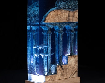 Ancient Ruins Dolphin Epoxy Resin Wood Lamp, Ocean Theme Resin Diorama, Ocean Lamp, Dolphin Gift, Diver Lamp, Undersea