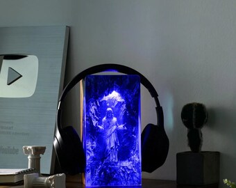 Jesus Headphone Stand Epoxy Resin Wood Lamp Night Light Unique Her Him Mom Dad Kid Lover Fans Christmas Art Handmade, birthday gifts