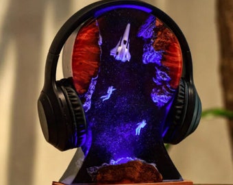 Space Headphone Stand Epoxy Resin Wood Lamp Night Light Unique Mom Dad Kid Lover Fans Christmas Art Handmade