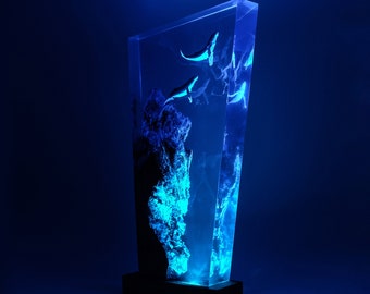 Lampe baleine en bois, résine époxy, cadeau baleine, diorama sur le thème de l'océan, lampe baleine, lampe océan, lampe de plongée, sous-marin