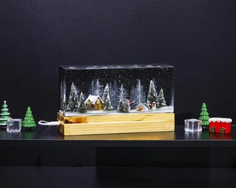 Snowman Christmas Epoxy Resin Wood Lamp Night Light Unique Her Him Mom Dad Kid Lover Fans Art Handmade