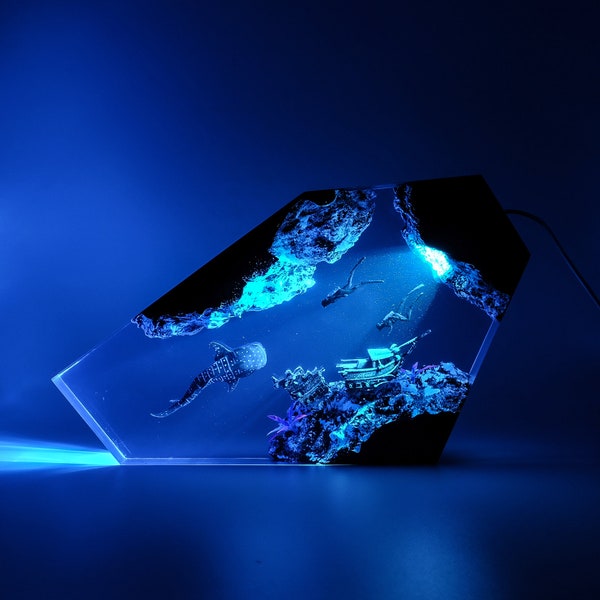 Whales Shark & Divers Shipwreck Nightlight, Scuba Diving, Diver Gift, Handmade Gift, Whale Gift, Resin Lamp, Ocean Themes