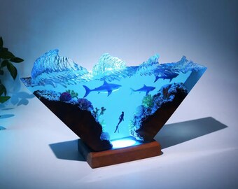 White Shark & Diver Ocean Epoxy Resin Wood Lamp Night Light Unique Mom Dad Kid Lover Fans Christmas Art Handmade