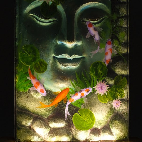 Buddha With Koi Fish And Water Lily, Zen Gift, 3D Painting, Buddha Gift, Handmade Gift, Koi Fish Gift,Peaceful Mind Gift