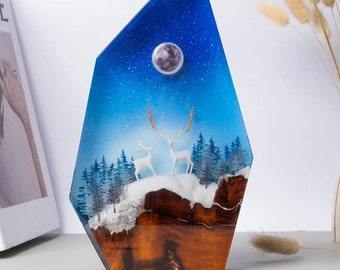 Mother Daughter/Son Deer Epoxy Resin Wood Forest Lamp Night Light Unique Her Him Mom Dad Kid Lover Fans Art Handmade