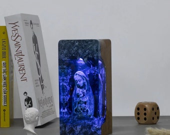Maria and Jesus Epoxy Resin Wood Lamp Night Light Unique Her Him Mom Dad Lover Fans Christmas Art Handmade