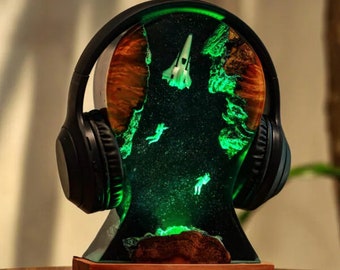Space Headphone Stand Epoxy Resin Wood Lamp Night Light Unique Her Him Mom Dad Lover Fans Christmas Art Handmade