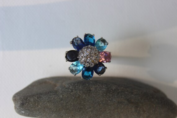Sterling Silver Cocktail Ring: Blue CZ Flower Sta… - image 4