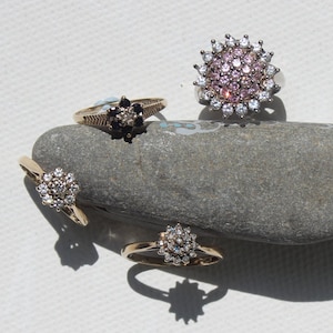 Retro Vintage Engagement Rings, Hallmarked 9CT Gold & Diamond Flower Cluster And Pave Wedding Rings, Promise Ring For Her womans floral ring