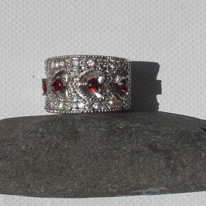 Sterling Silver Statement Ring With Tiny Red Hearts. Heart Wedding Ring, Heart Statement Ring, Ring With Red Heart CZ Gems,Solid Silver Ring
