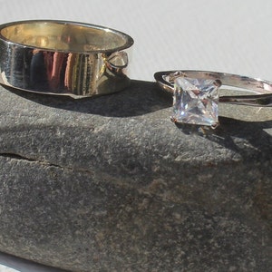 Wedding Band Set 925 Sterling Silver. Minimalist 10 mm Wedding Ring & CZ Princess Cut Engagement Ring, Gift For Her Silver Eternity Ring Set