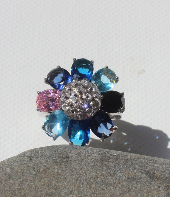 Sterling Silver Cocktail Ring: Blue CZ Flower Sta… - image 2