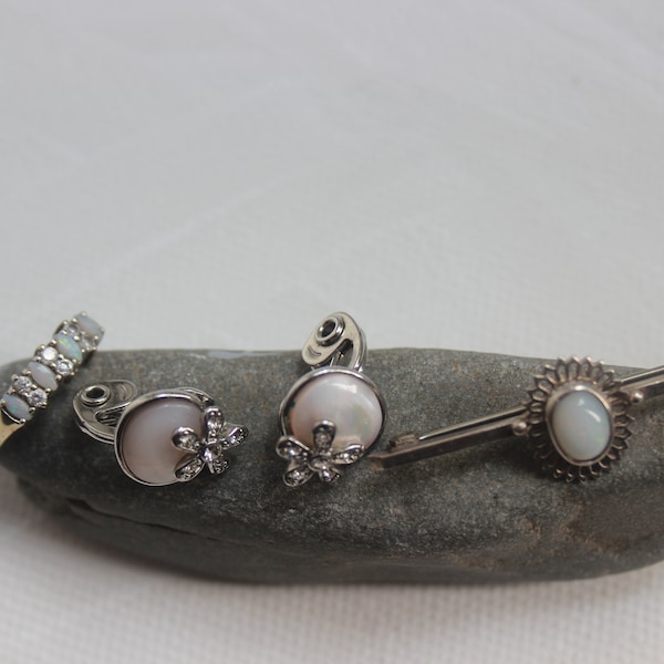 OPAL COLLECTION. Opal Ring, Opal Earrings, Opal Brooch, Art Deco Silver Brooch, Opal & Diamond Ring, Diamond Flower Earrings, Matching Set.
