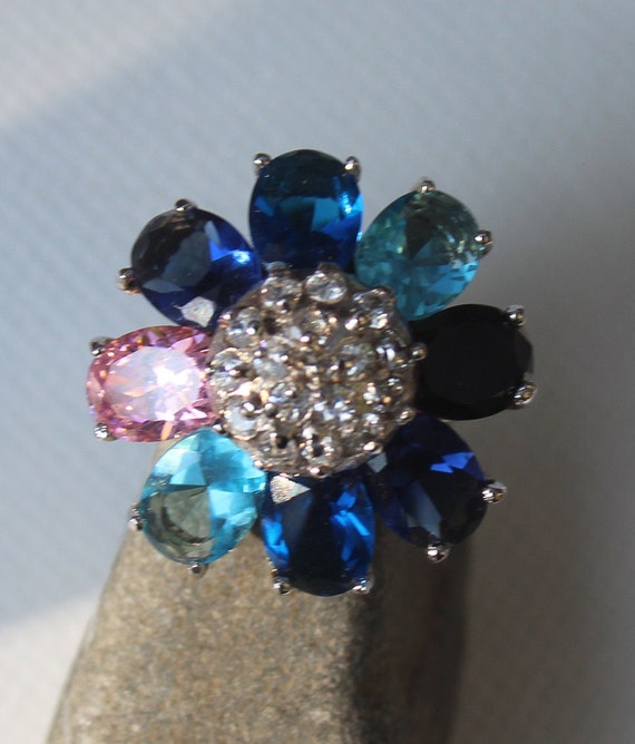 Sterling Silver Cocktail Ring: Blue CZ Flower Sta… - image 3