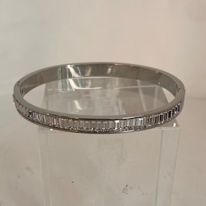 Sparkly Baguette CZ Diamond Hinged Bangle: Shiny Silver Steel