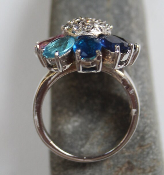 Sterling Silver Cocktail Ring: Blue CZ Flower Sta… - image 9