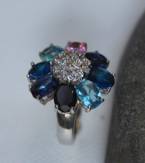 Sterling Silver Cocktail Ring: Blue CZ Flower Sta… - image 10