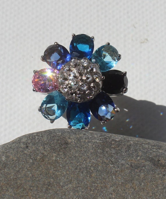Sterling Silver Cocktail Ring: Blue CZ Flower Sta… - image 7