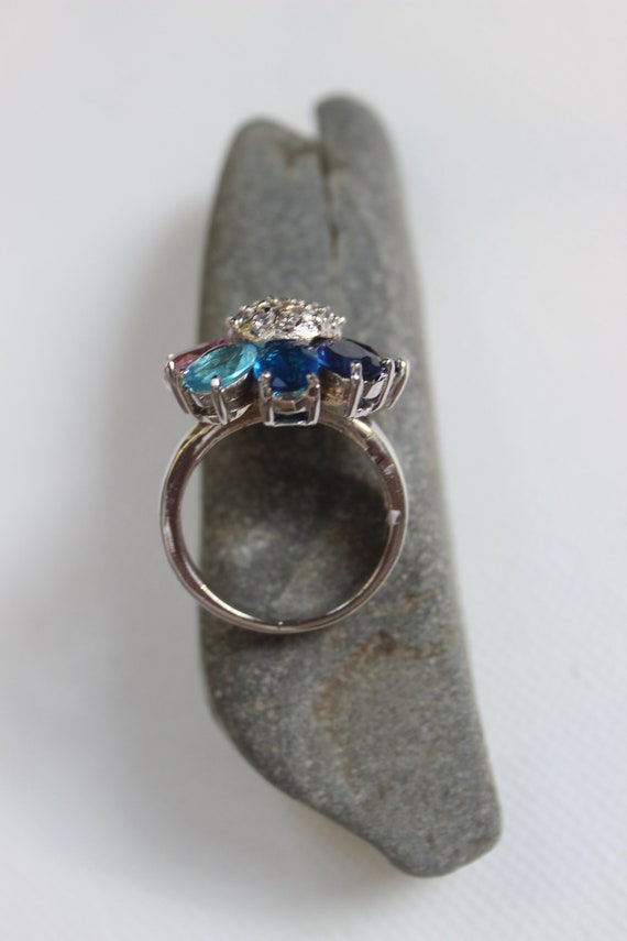 Sterling Silver Cocktail Ring: Blue CZ Flower Sta… - image 8