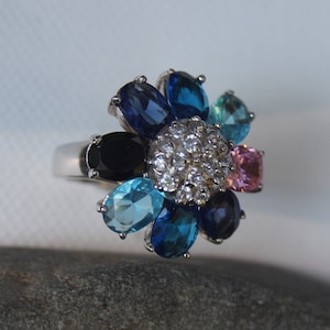 Statement Ring in Sterling Silver. Large Cocktail Ring with Blue Gems, Flower Ring, Perfect Gift For Her, Sapphire Blue Flower Jewelry Ring.