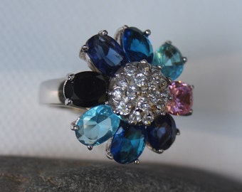 Sterling Silver Cocktail Ring: Blue CZ Flower Statement Jewelry