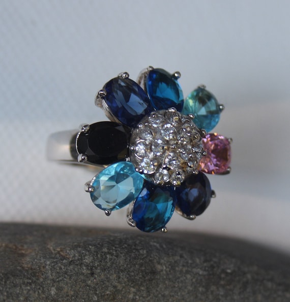 Sterling Silver Cocktail Ring: Blue CZ Flower Sta… - image 1