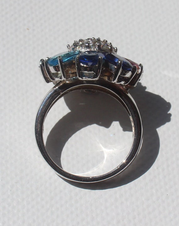 Sterling Silver Cocktail Ring: Blue CZ Flower Sta… - image 6