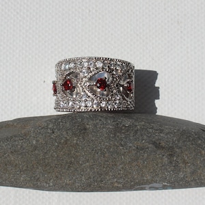 Sterling Silver Statement Ring With Tiny Red Hearts. Heart Wedding Ring, Heart Statement Ring, Ring With Red Heart CZ Gems,Solid Silver Ring