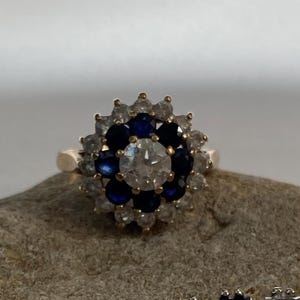 Sapphire Cluster Cocktail Ring. Genuine Deep Blue Sapphires, 9ct Gold Cocktail Ring, Diamonds ( CZ )  US 6 1/2, Large Sapphire StatementRing