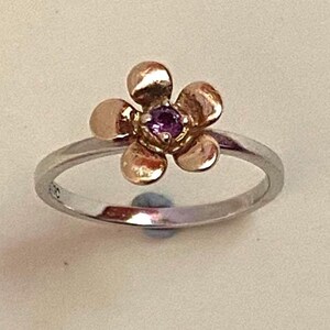 Puede incluir: Un anillo con una banda de tono plateado y un engaste en forma de flor de tono oro rosa. El centro de la flor está adornado con una pequeña piedra preciosa redonda de color púrpura. El diseño muestra un contraste entre la banda metálica plateada y los pétalos de oro rosa.