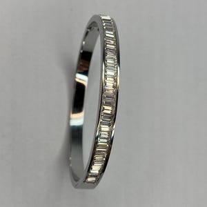 Elegant Silver Bangle With Diamonds. Minimalist Hinged Cuff, Lab Grown 'Baguette' Diamond Detail.