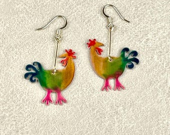 Rainbow Rooster Copper Earrings: Handmade Animal Jewelry