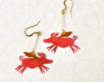 Pink Flying Pig Copper Earrings, Handmade Earrings, Animal Earrings, Animal Jewelry, Pig Jewelry, Handmade Jewelry, Pig Art