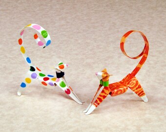 Stretching Kitten Handmade Copper Sculpture, Miniature Collectible Cat Art Figurine
