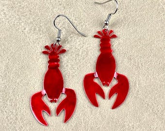 Red Copper Lobster Earrings Handmade, Enamel Painted Animal Jewelry