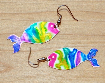 Blue Fish and Rainbow Fish Copper Earrings, Hand Painted, Handmade, Animal Jewelry, Animal Earring, Fish Jewelry, Fish Earrings, Fish Art