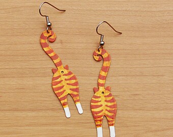 Orange Tabby Cat Butt Earrings, Handmade Hand-Painted Copper Jewelry
