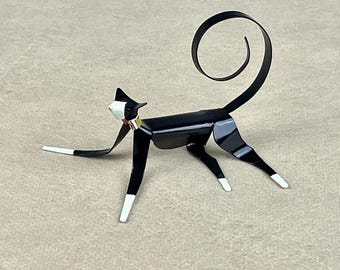 Tuxedo Cat Reclining Handmade Copper Miniature Sculpture, Collectible Figurine
