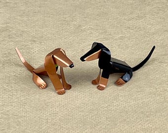 Dachshund Tween Puppy Handmade Copper Sculpture, Collectible Miniature Art Figurine