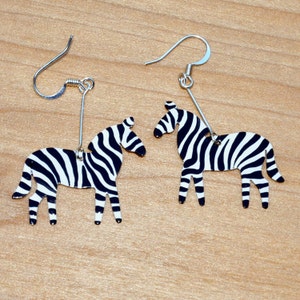 Zebra Earrings, Hand Painted Jewelry, Animal Earrings, Animal Jewelry, Handmade Copper Earrings, Wild Animal Jewelry, Zebra Art