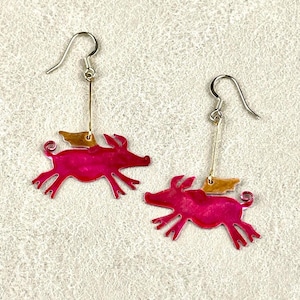Pink Flying Pig Copper Earrings, Handmade Earrings, Animal Earrings, Animal Jewelry, Pig Jewelry, Handmade Jewelry, Pig Art
